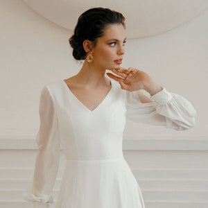 Chiffon long sleeve wedding dress, simple and elegant wedding dress, Beach wedding dress - Reina