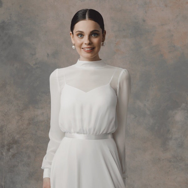 Modest wedding dress with long sleeves, chiffon simple and elegant wedding dress | Danielle
