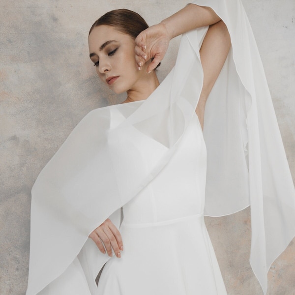 Modest wedding dress with chiffon cape, v neck minimalist wedding dress - Cecilia