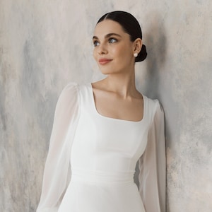 Tea length wedding dress with square neckline, Simple and elegant short wedding dress - Jasmine