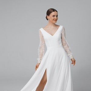 Romantic wedding dress with lace sleeves, v neck wedding dress made of chiffon, low back simple wedding dress | Lucia