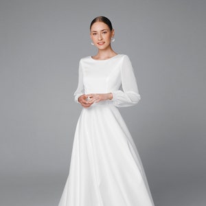 Modest long sleeve wedding dress, satin and chiffon bridal gown | Valeria