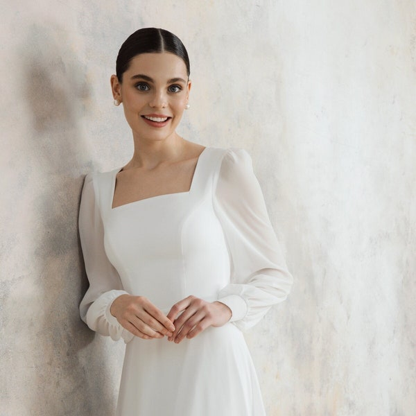 Simple wedding dress with square neckline, long sleeves elegant wedding dress - Luise