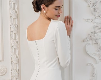 Elegant Crepe Wedding Dress with Long Sleeves | Elizabeth