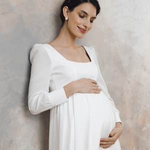 Maternity Wedding Dress for Pregnant Bride – Long Sleeve Bridal Gown with Square Neckline, Bump Friendly Pregnancy Dress – Naomi