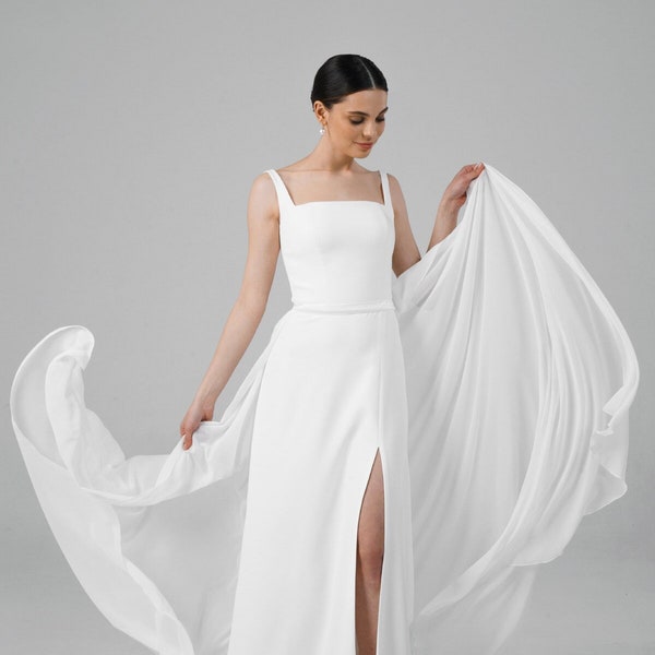 Simple and elegant wedding dress made of crepe with detachable chiffon train - Amelia