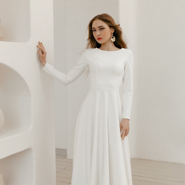 Minimalist modest wedding dress, simple long sleeve wedding dress, crepe elegant wedding dress - Elina