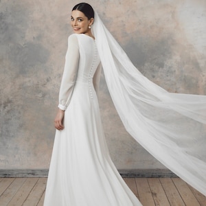 Modest Long Sleeve Wedding Dress with Chiffon Skirt and Button Back | Aina