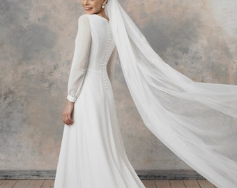 Elegant Modest Wedding Dress with Long Sleeves, Chiffon Skirt and Button Back | Aina