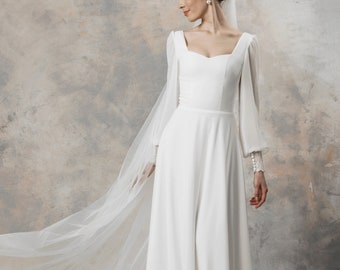 Simple Square Neck Wedding Dress with Long Sleeves, Minimalist A-Line Gown | Emily
