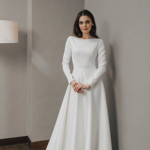 Long Sleeve Wedding Dress With Boat Neckline Modest Satin - Etsy