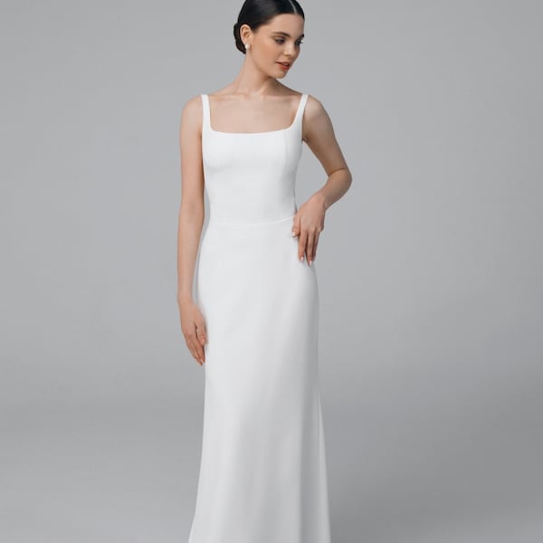 Square neck crepe wedding dress, modern low back wedding dress, summer minimalist wedding dress - Patricia