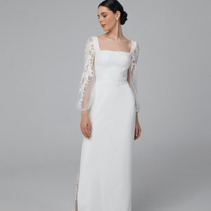 Simple square neckline wedding dress, Floral backless wedding dress with sleeves, sheath elegant wedding dress | Leighton