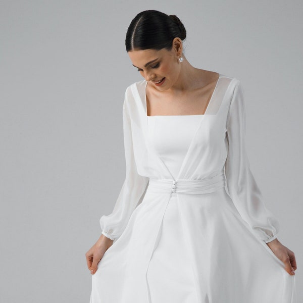 Long sleeve chiffon wedding dress, modest wrap wedding dress  - Amelia