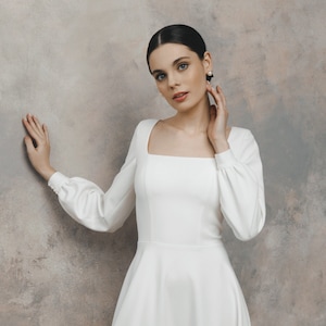 Square neckline short wedding dress with sleeves, Civil and elopement modern wedding dress - Heidi