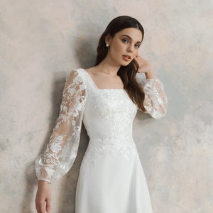 Floral Embroidered Wedding Dress with Sleeves – Square Neck Gown – Custom Made Michaela