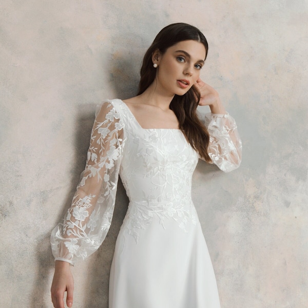 Square neck wedding dress with puff sleeves, Flower lace a line wedding dress - Michaela