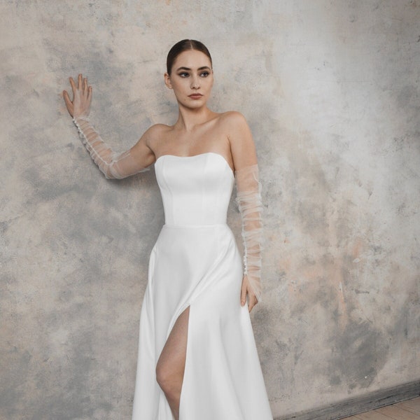 Corset satin wedding dress with detachable tulle sleeves, simple a line wedding dress | Kristen