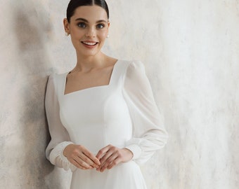 Simple wedding dress with square neckline, long sleeves elegant wedding dress - Luise