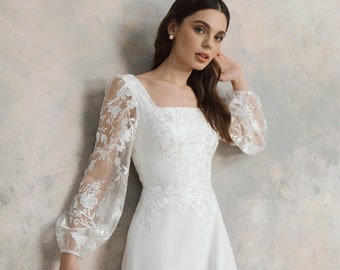 Square neck wedding dress with puff sleeves, Flower lace a line wedding dress - Michaela