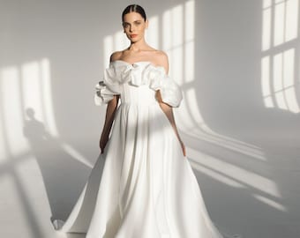 Off the shoulder satin wedding dress, corset a-line wedding dress - Ciara