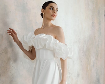 Off the shoulder satin wedding dress, corset a-line wedding dress - Ciara