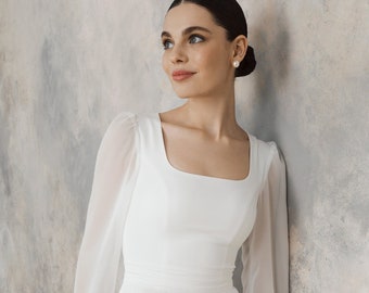 Abito da sposa lunghezza tè con scollo quadrato, Abito da sposa corto semplice ed elegante - Jasmine