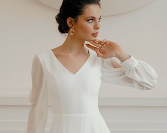 Chiffon long sleeve wedding dress, simple and elegant wedding dress, Beach wedding dress - Reina