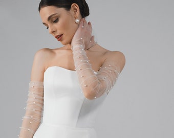 Satin a line wedding dress with detachable tulle sleeves, minimalist modern wedding dress | Kristen
