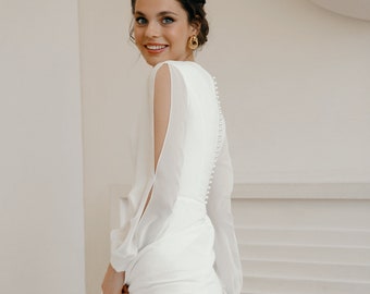 Elegant Modest Wedding Dress with Long Sleeves, Chiffon Skirt and Button Back | Reina