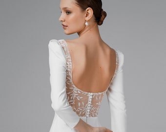 Square neck long sleeve wedding dress, Minimalist low back bridal dress | Viola