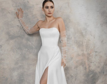 Corset satin wedding dress with detachable tulle sleeves, simple a line wedding dress | Kristen