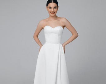 Satin off the shoulder wedding dress, A-line corset wedding dress with detachable floral tulle sleeves | Loretta