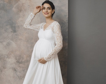 Maternity wedding dress with long sleeves, lace and chiffon maternity bridal dress, simple pregnancy dress – Lizzie