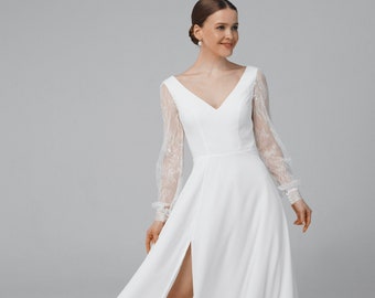 Romantic wedding dress with lace sleeves, v neck wedding dress made of chiffon, low back simple wedding dress | Lucia