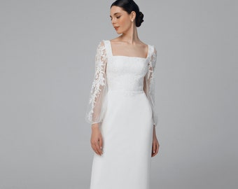 Simple square neckline wedding dress, Floral backless wedding dress with sleeves, sheath elegant wedding dress | Leighton