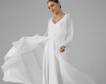 Chiffon long sleeve wedding dress, v neck civil wedding dress - Cecilia