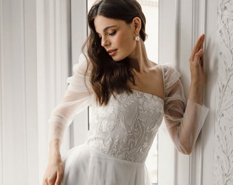 Long sleeve tulle wedding dress, sparkle corset a-line bridal gown – Amanda
