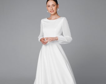 Modest long sleeve wedding dress, satin and chiffon bridal gown | Valeria