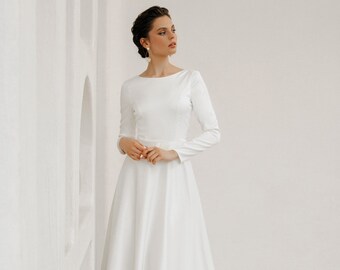 Long sleeve wedding dress with boat neckline, modest satin wedding dress – Inessa