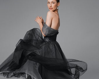 Off shoulder black tulle wedding dress, alternative gothic wedding dress | Mystique