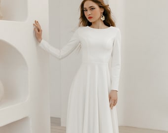 Minimalist modest wedding dress, simple long sleeve wedding dress, crepe elegant wedding dress - Elina