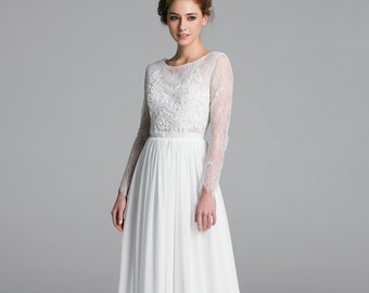 Modest long sleeve wedding dress in lace and chiffon | Hanna