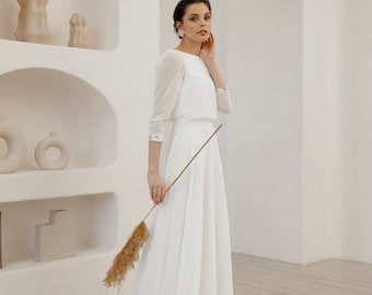 Simple Chiffon Wedding Dress with Sleeves – Elegant A-Line Bridal Gown for Timeless Style, Perfect for Modest and Modern Brides | Odetta