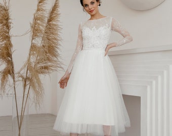 Short wedding dress, long sleeve wedding dress, 50s wedding dress, Simple wedding dress - Lily