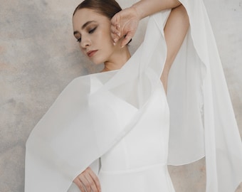 Modest wedding dress with chiffon cape, v neck minimalist wedding dress - Cecilia