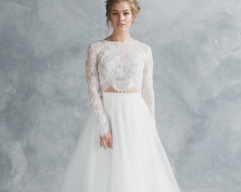 Crop top wedding dress, long sleeve lace two piece wedding dress, wedding dress, bridal separate – Keira
