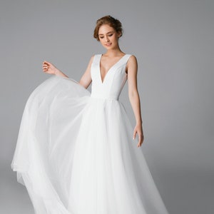 Deep v satin and tulle wedding dress, low back a-line wedding dress, backless elegant wedding dress | Paulina