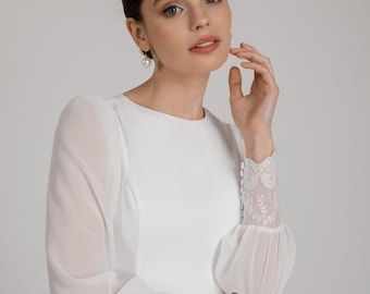 Modest Wedding Dress with Lace Back and Long Sleeves – Chiffon A-Line Bridal Gown | Carmela