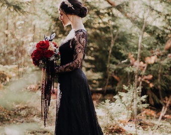 Black boho wedding dress with long sleeves, dark wedding dress, alternative wedding dress - Zlata